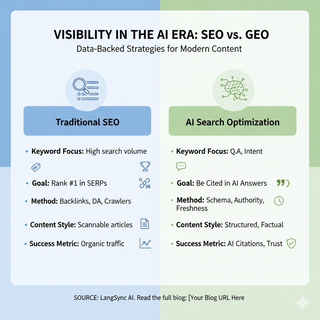 Infographic comparing Traditional SEO vs AI Search Optimization (GEO) for brand visibility on Perplexity.