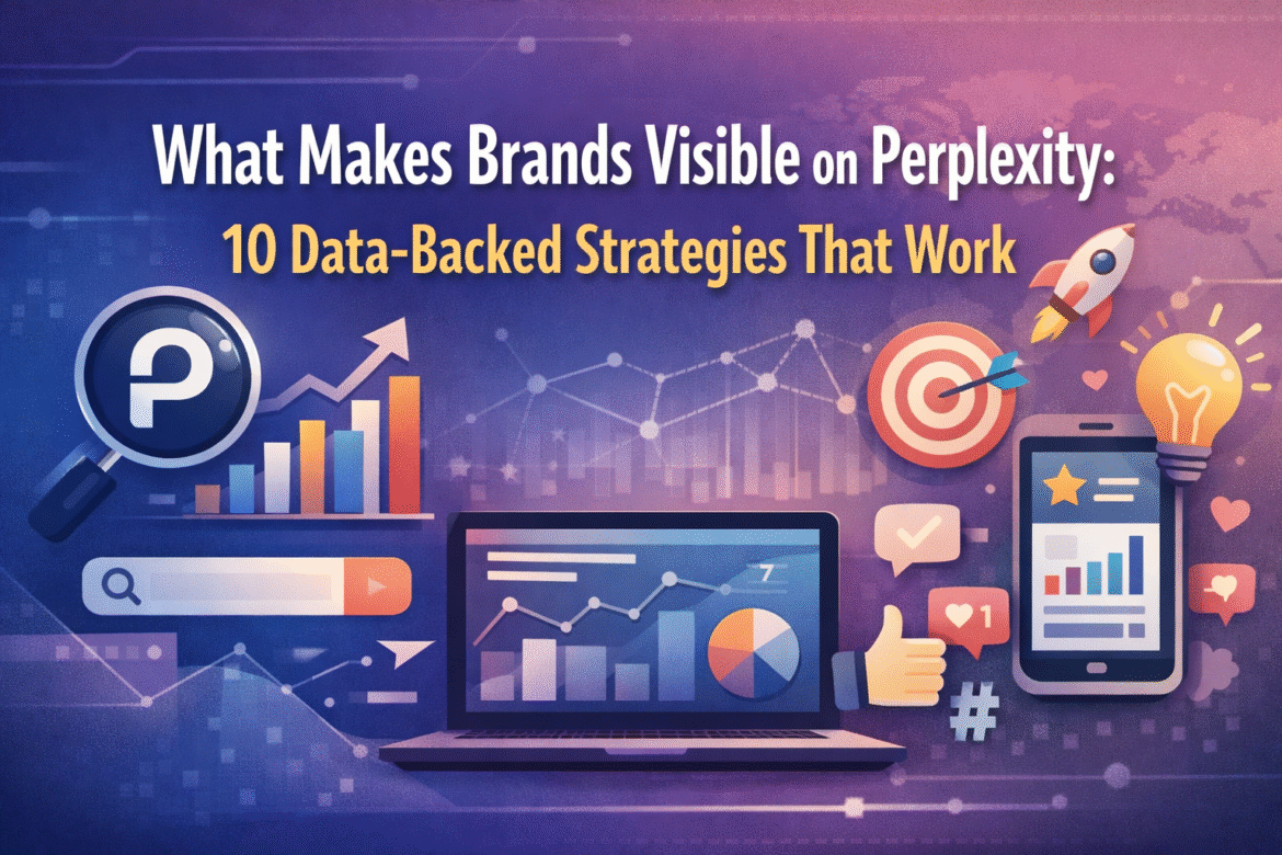 Blog image: 'What Makes Brands Visible on Perplexity: 10 Data-Backed Strategies That Work.' Shows laptop and smartphone with charts, a magnifying glass with the Perplexity logo, and icons for data and ideas on a purple-blue gradient background.